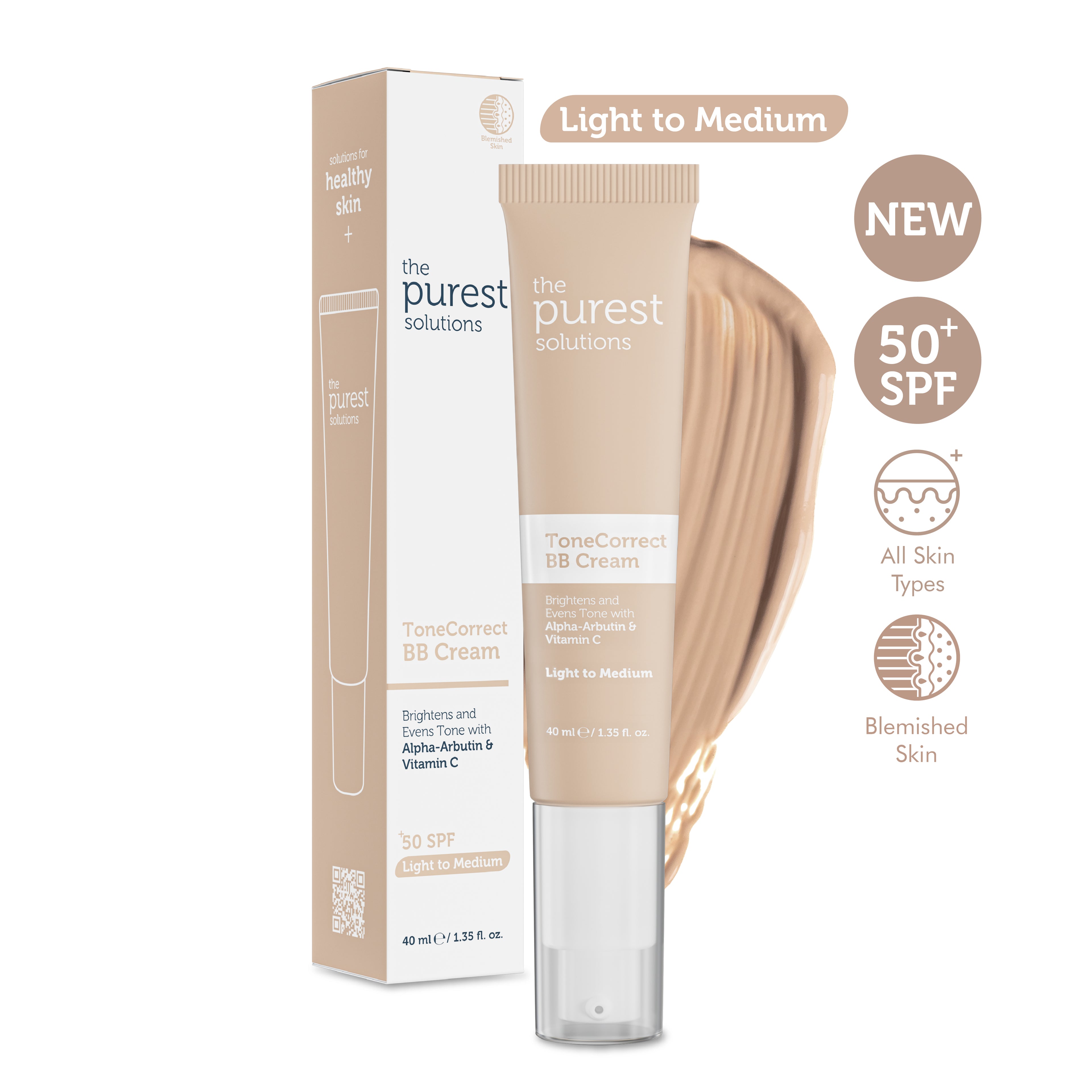 Skin Tone Evening BB Cream for Blemished Skin, SPF 50+, 40 ml Light/Medium Shade