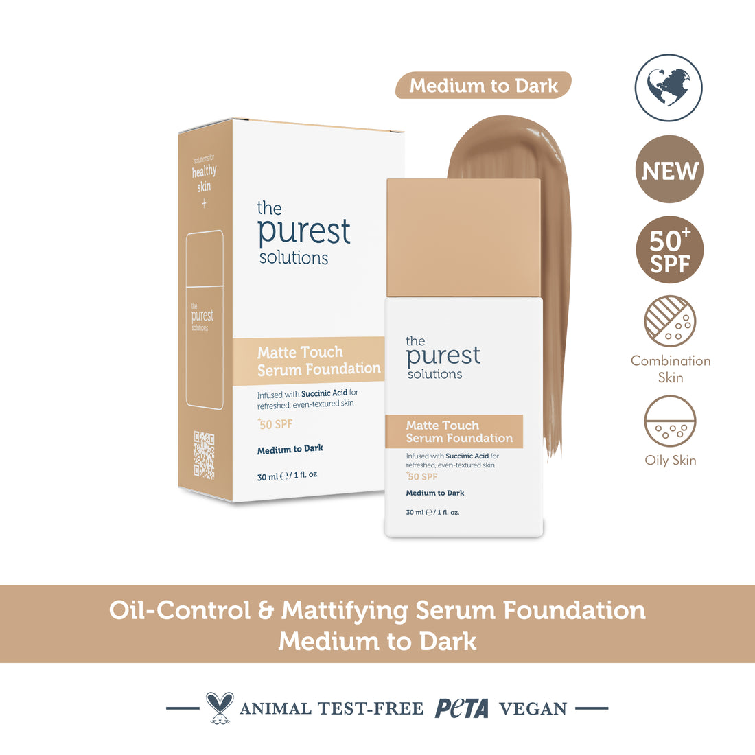 Sebum Balancing &amp; Mattifying Serum Foundation SPF 50+, 30 ml – Medium/Dark Shade